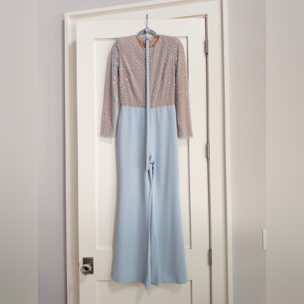 Nadine Merabi Elegant Sequin Beige and Blue Jumpsuit